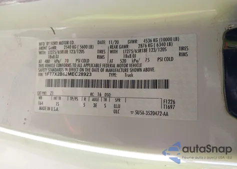 2021 Ford F-250 Xl z USA, uszkodzony, nr VIN 1FT7X2B62MEC28923